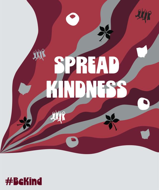 Color scales of scarlet and gray with text that reads "Spread Kindness"