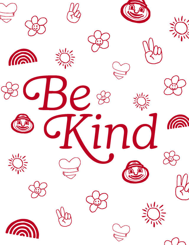 Graphic that reads bekind in scarlet with various buckeye kindness themed icons