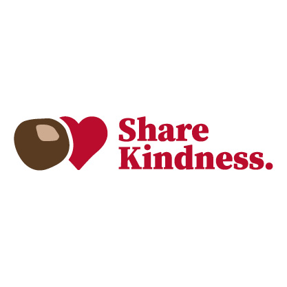 Share kindness in text next to a drawn buckeye and red heart