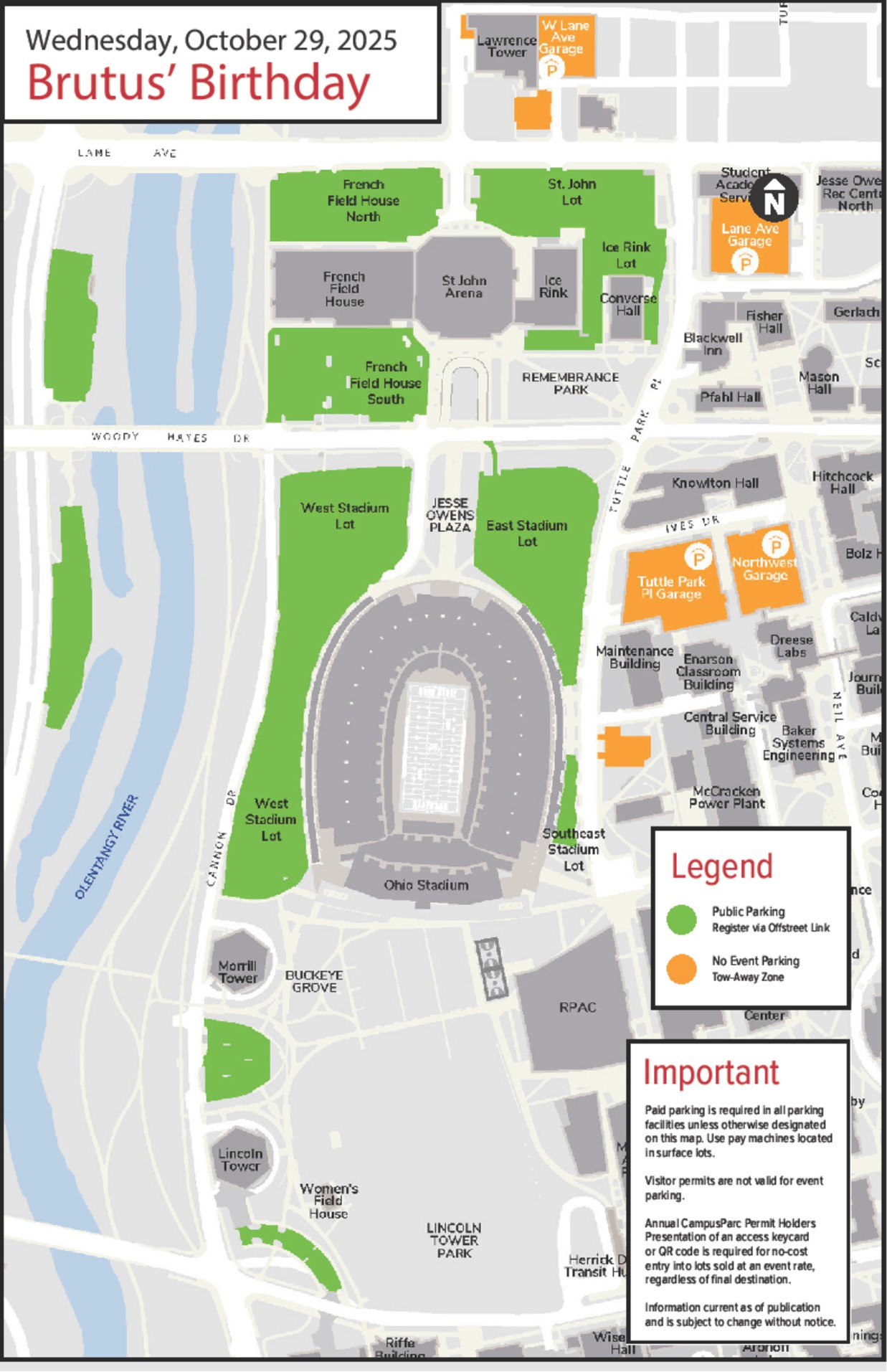 map of campus showing areas available for parking during Brutus Birthday event